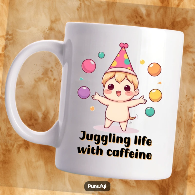 Funny Mug with a cute character wearing a party hat, enthusiastically juggling multiple colorful balls, radiating pure joy.