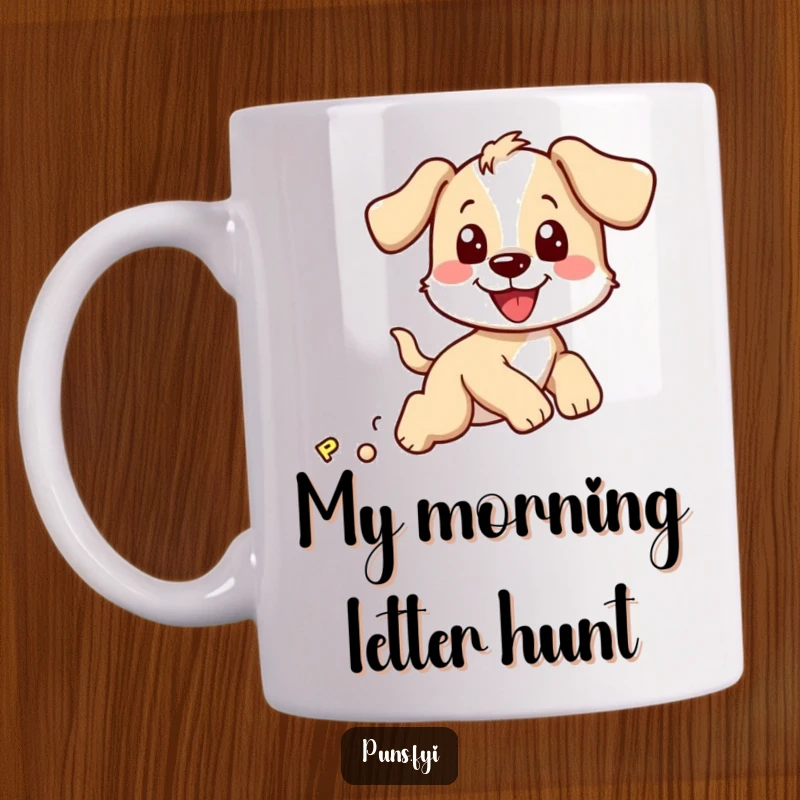 Funny puppy mug featuring a joyful dog playfully chasing a bouncy letter P across a bright, cheerful background.