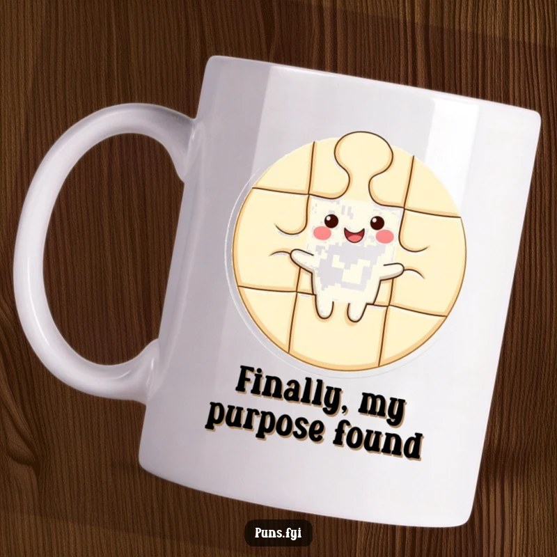 Funny mug with a smiling puzzle piece character fitting snugly into a larger shape, symbolizing belonging and happiness.