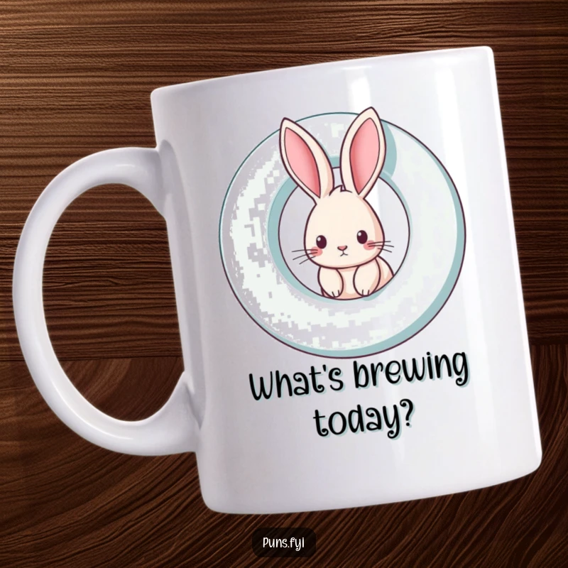 Funny rabbit mug with a curious rabbit peeking from a giant spinning letter, symbolizing playful discovery and reading.