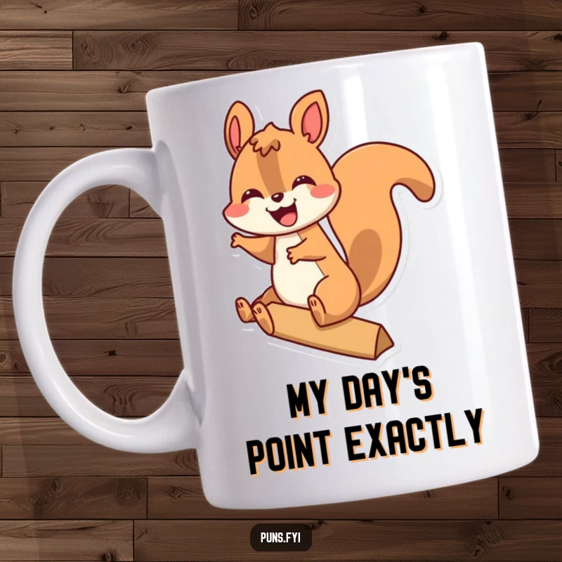 Funny mug featuring a happy squirrel joyfully riding a giant, bold exclamation point, symbolizing excitement and fun.