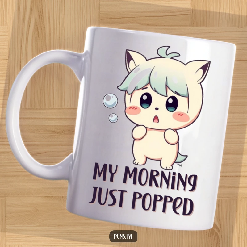 Funny Mug: A surprised character recoils in shock from a small, popping bubble, illustrating a moment of comical bewilderment.