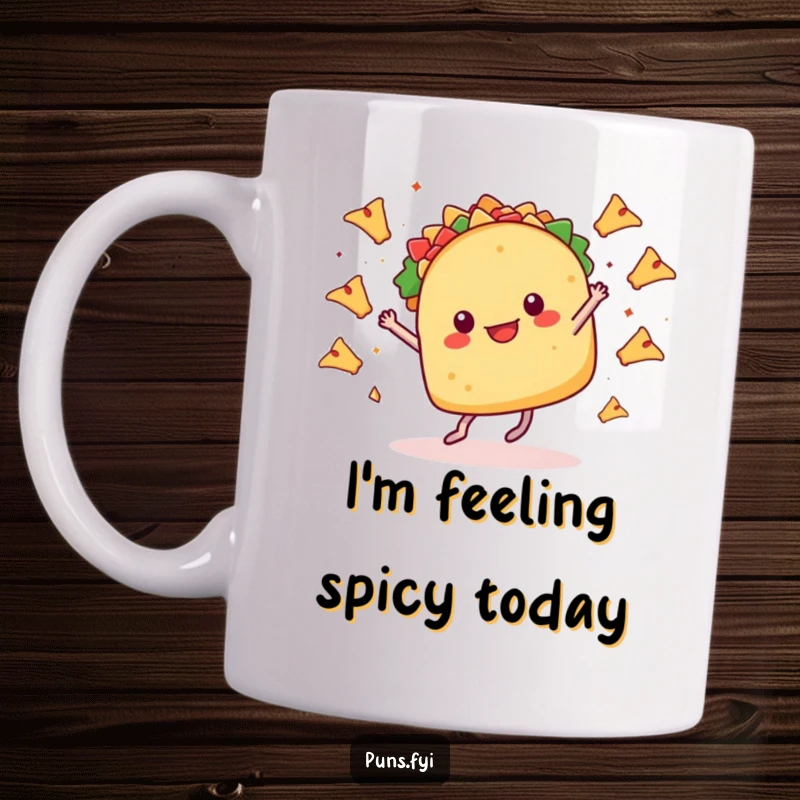 Funny mug featuring a taco with tiny legs dancing jubilantly, surrounded by flying nachos, embodying pure fiesta excitement.