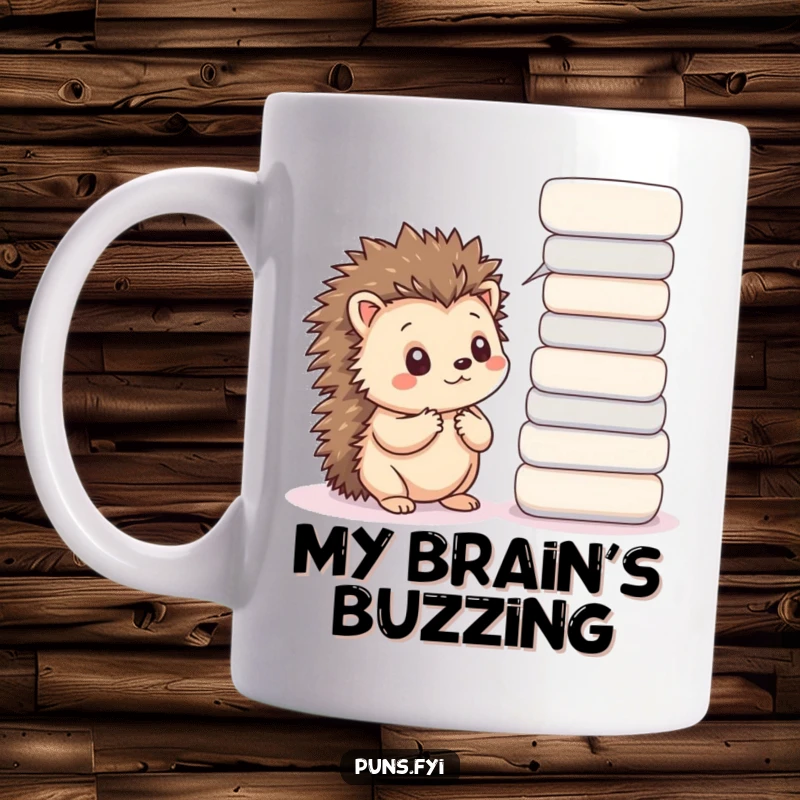 Funny mug featuring a kawaii hedgehog looking thoughtful, surrounded by stacked word bubbles, symbolizing contemplation.