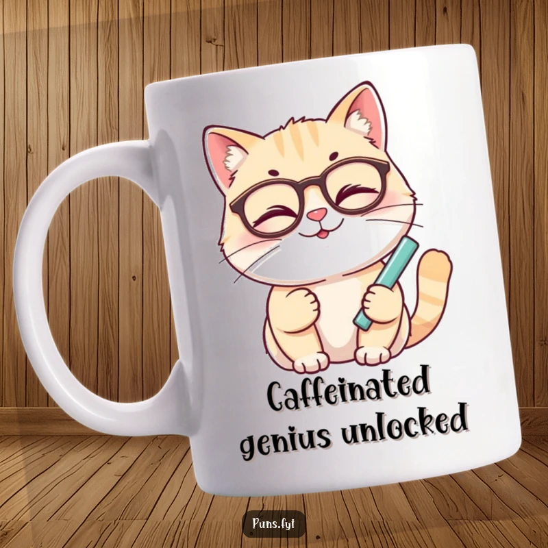 Funny cat mug featuring a smiling cat with glasses winking while holding chalk, looking intelligent and playful.