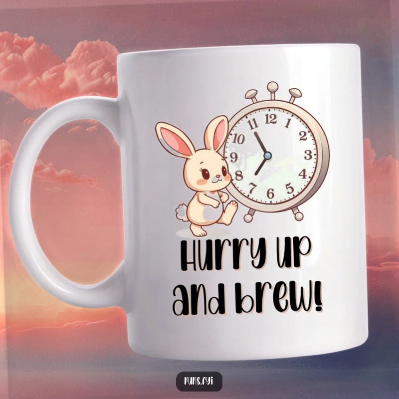 Funny bunny character impatiently tapping its foot next to a giant clock, conveying humorous urgency and relatable waiting.