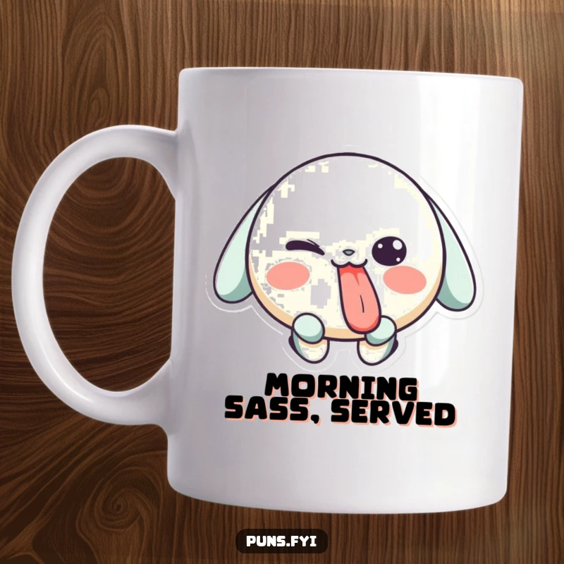 Funny mug featuring a playful character sticking its tongue out with a mischievous wink, exuding cheeky charm and fun.