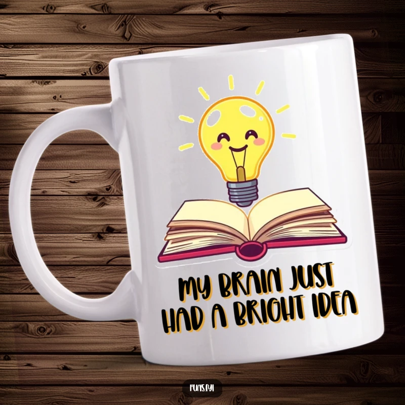 Funny lightbulb mug with a cheerful smiley face, bursting out of an open book, symbolizing great ideas and inspiration.