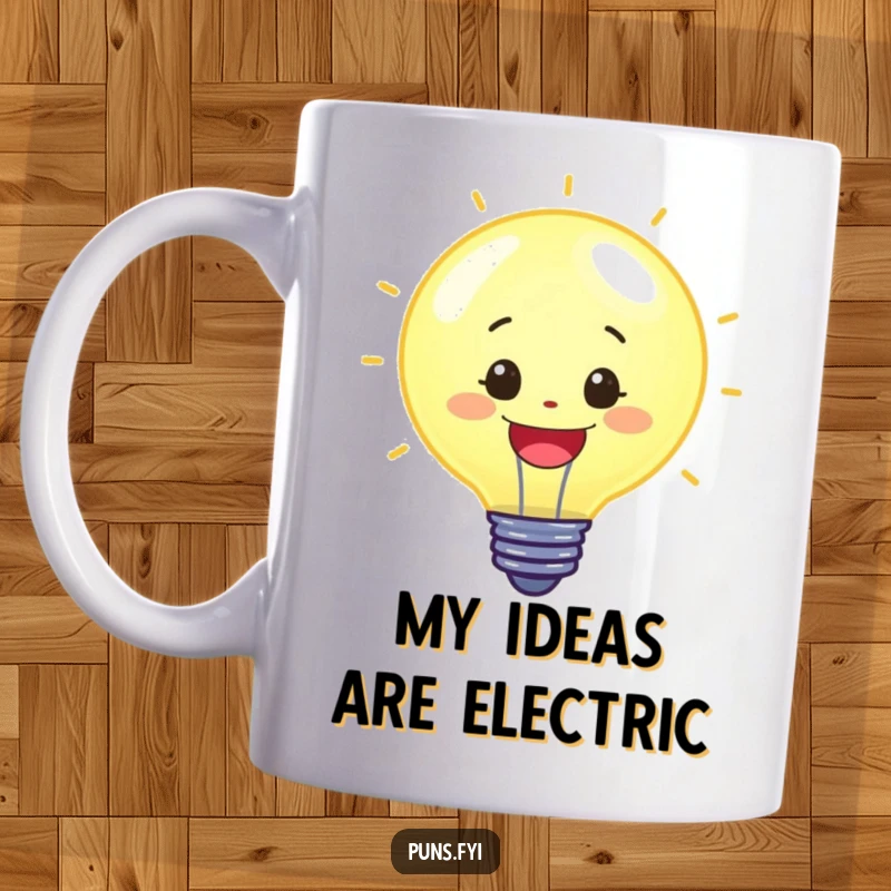 Funny mug featuring a cheerful lightbulb character glowing brightly, radiating energy and innovative ideas, perfect for a funny gift.