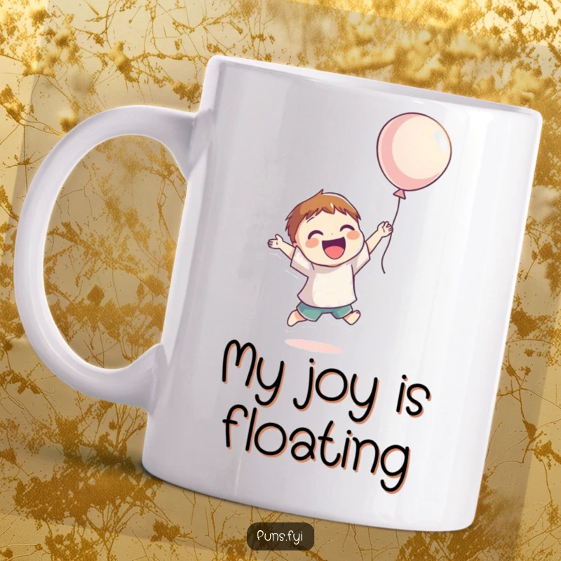 Funny Mug with a smiling character leaping joyfully in the air, reaching for a colorful floating balloon, symbolizing pure happiness.
