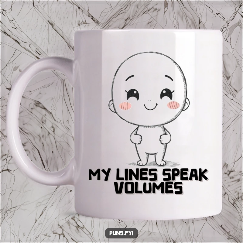 Funny mug with a smiling pencil character happily drawing a whimsical, crooked line, symbolizing creative imperfection.