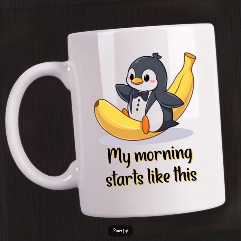Funny mug featuring a startled penguin in a tuxedo comically slipping on a huge banana peel, embodying pure slapstick humor.