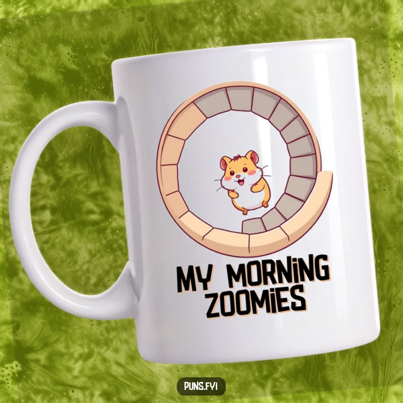 Funny hamster mug with a hamster racing energetically up a spiral staircase, symbolizing speed, energy, and playful activity.