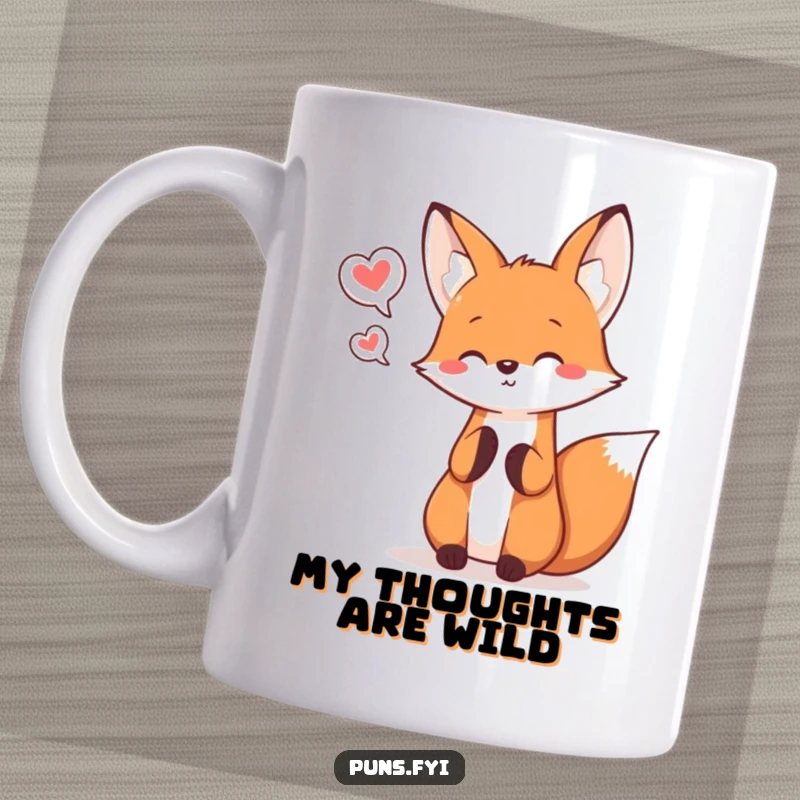 Funny kawaii fox happily juggling three small speech bubbles, a cheerful and chatty design on a mug.