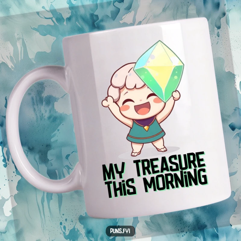 Funny mug with a delighted character gleefully holding a giant, sparkling gem, representing joy and newfound treasure.