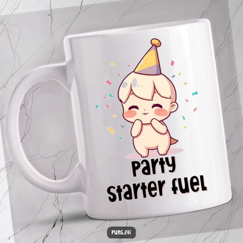 Funny mug featuring a character wearing a party hat, joyfully blowing a confetti poof, ready to celebrate any occasion.