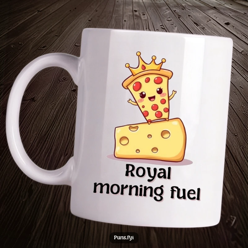 Funny mug with a slice of pizza wearing a crown, precariously balancing on a giant block of cheese, ruling supreme.