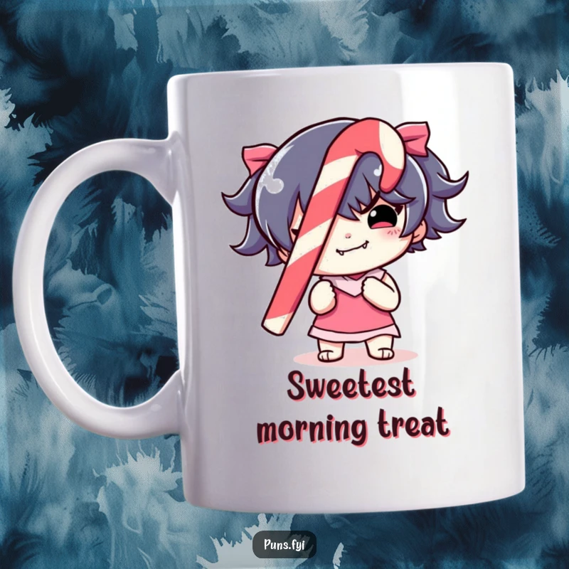 Funny Mug featuring a mischievous character grinning while holding a colorful, striped candy cane, evoking holiday fun.