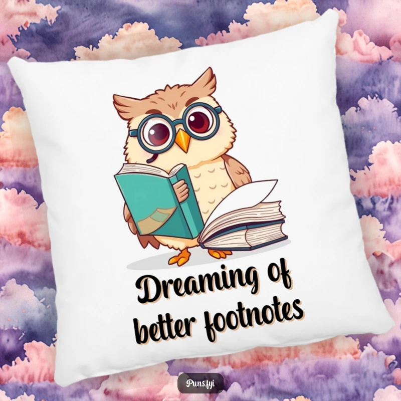 Funny owl pillow featuring a happy owl wearing a monocle, pointing at a large book, adding a touch of scholarly humor to any setting.