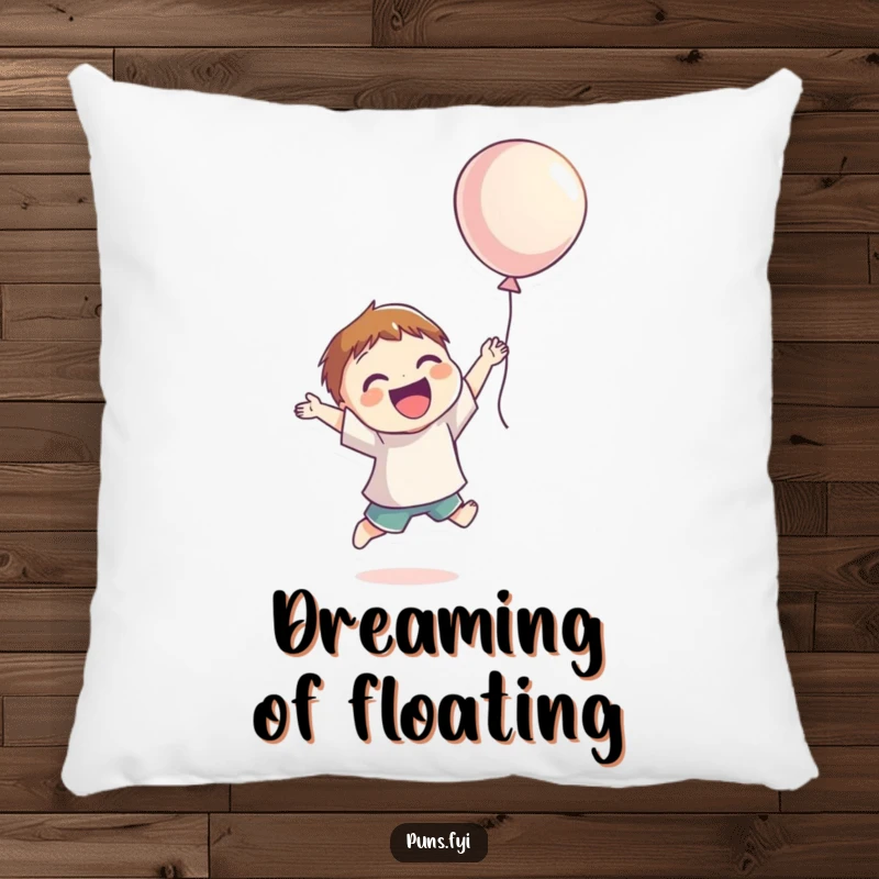 Funny Pillow with a smiling character jumping for joy, reaching for a floating balloon, offering soft, comforting happiness.