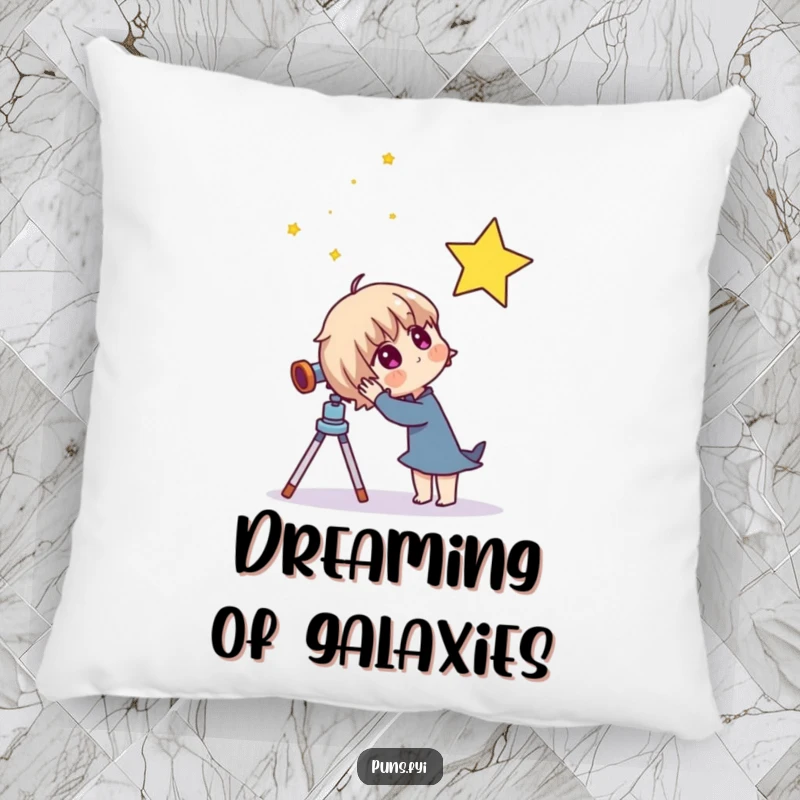 Funny pillow featuring a curious character with a telescope, looking at a star, perfect for adding whimsical comfort to any room.