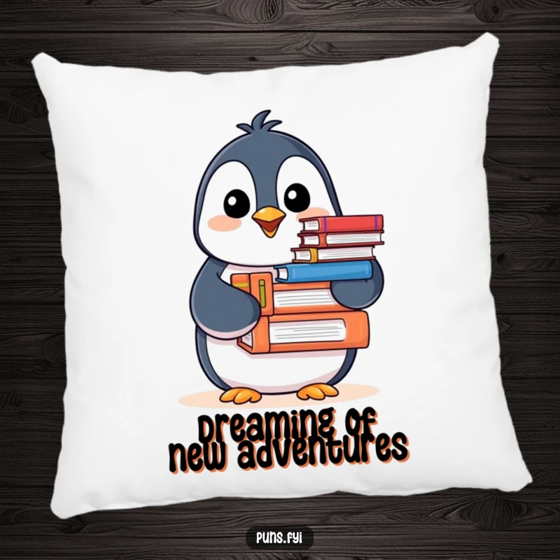 Funny Penguin Pillow showing a happy penguin with a stack of books, offering comfort and a touch of humor to any couch.