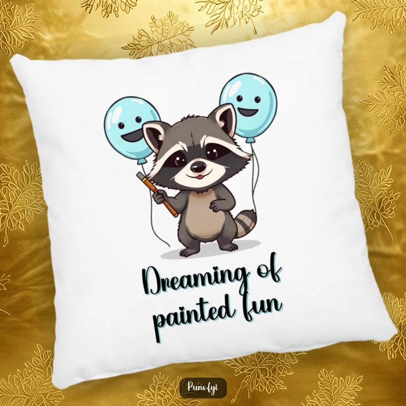 Funny pillow featuring a determined raccoon painting silly faces on balloons, bringing festive cheer to any seating.