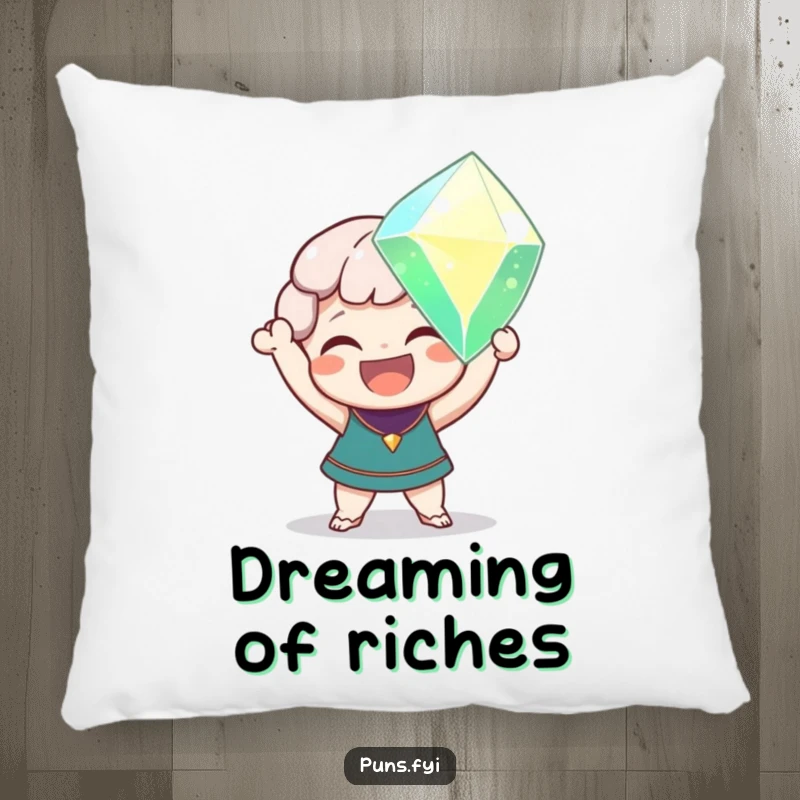 Funny pillow featuring a delighted character holding a giant, sparkling gem, offering comfort and a touch of opulence.