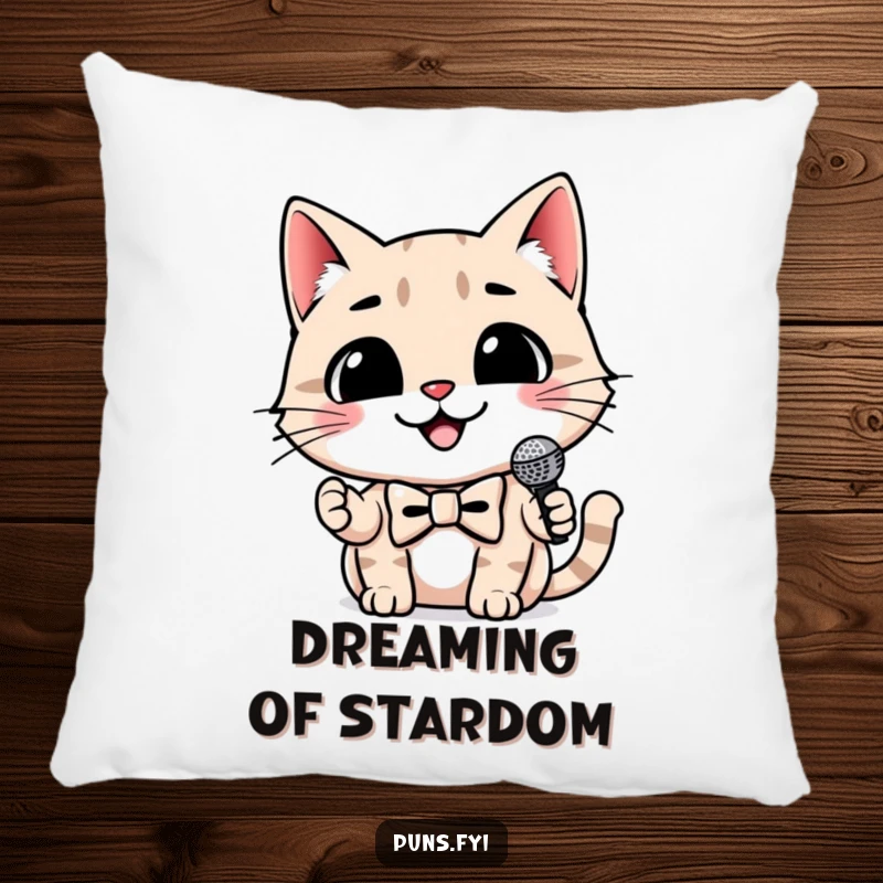 Funny cat pillow with a smiling cat wearing a bowtie and holding a tiny microphone, a comfortable and humorous decor item.