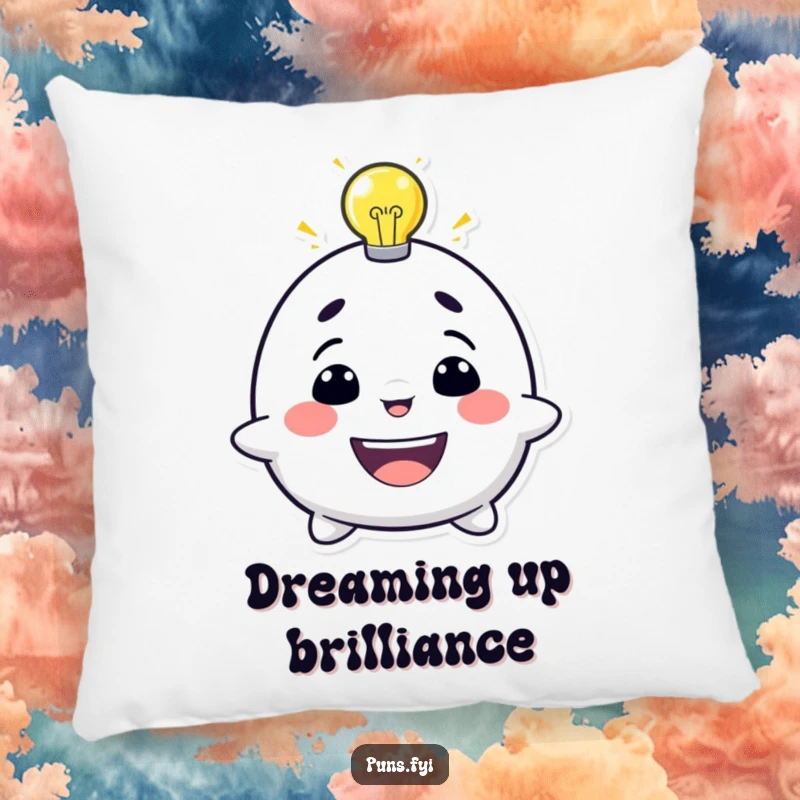 Funny pillow featuring a happy character with a lit lightbulb above its head, perfect for adding comfort and humor.