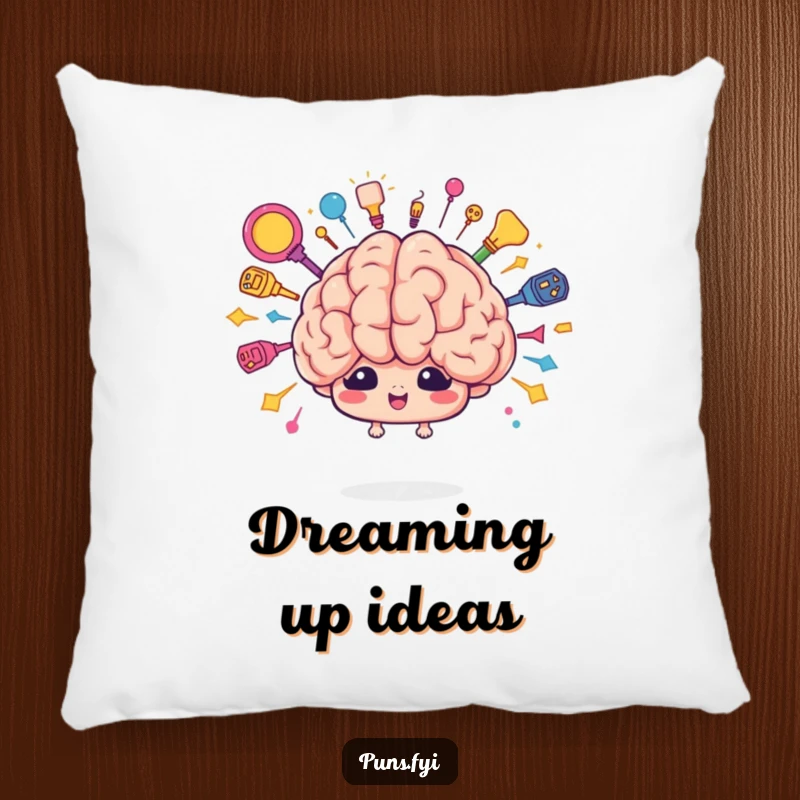 Funny brain idea pillow featuring a cartoon brain character bursting with colorful ideas. Cozy inspiration companion.