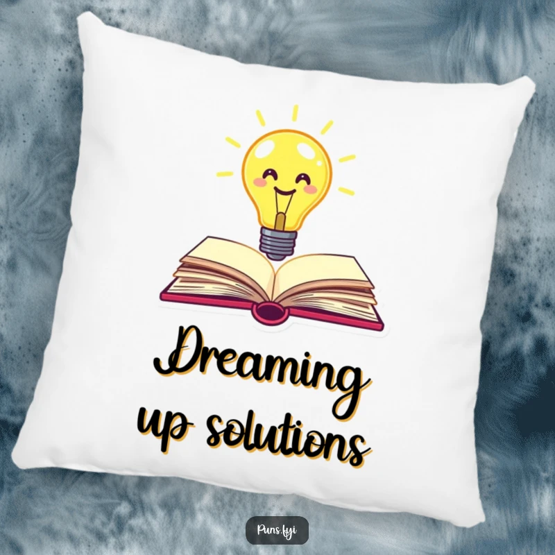 Funny lightbulb pillow featuring a smiley face lightbulb popping out of a book, adding a touch of intellectual humor to any room.