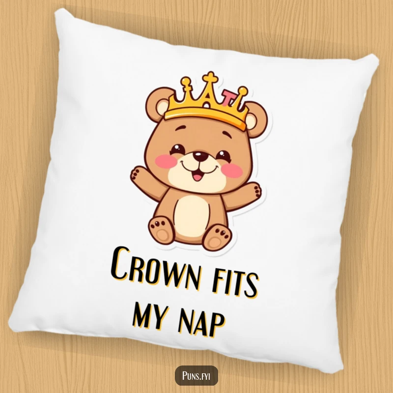 Funny goofy bear cub wearing a majestic crown made entirely of colorful alphabet letters, looking adorable on this soft decorative pillow.