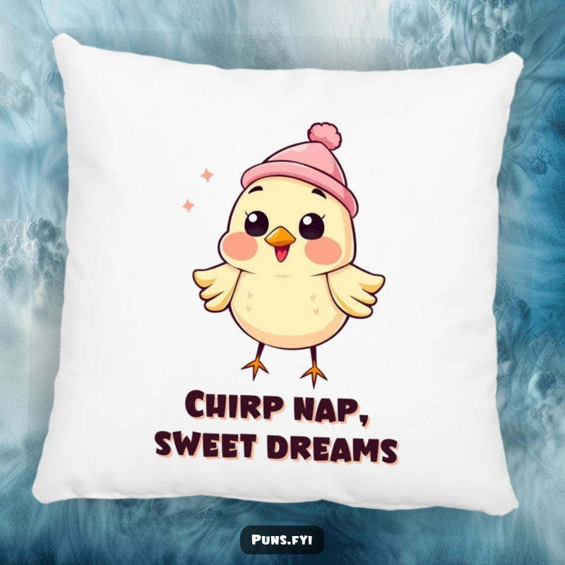 Funny pillow featuring a happy bird in a fancy hat, chirping loudly with delight, soft and huggable for cheerful comfort.