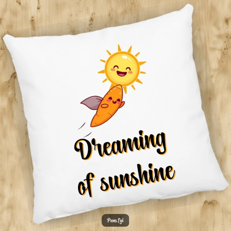 Funny pillow featuring a cheerful carrot with a cape flying towards a laughing sun, perfect for adding comfort and humor.