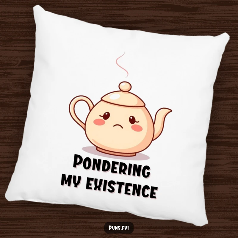 Funny pillow featuring a confused teapot with steam creating a question mark, bringing thoughtful humor to your sofa.