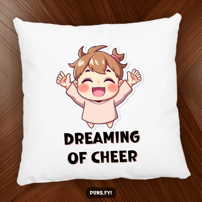 Funny Pillow: A plush pillow depicting a character ecstatically cheering with both hands triumphantly raised, embodying pure happiness.