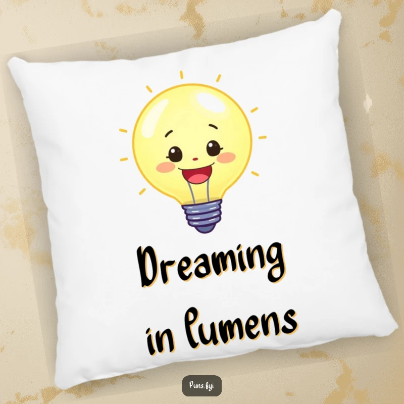 Funny pillow with a cute, cheerful lightbulb character radiating a bright, inviting glow, offering comfort and humor as a funny gift.