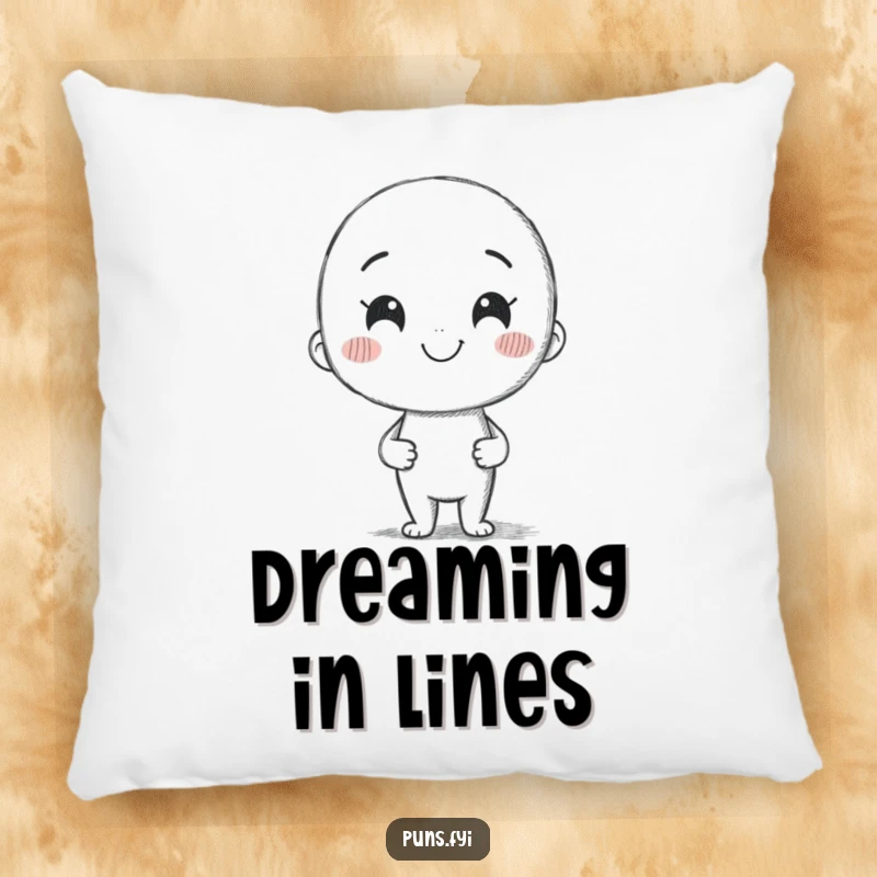 Funny pillow with a smiling pencil character drawing a crooked line, offering a cozy and artistic companion.