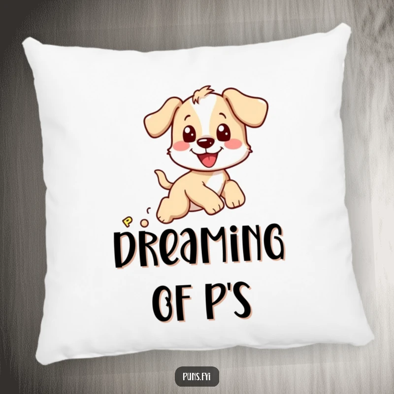 Funny pillow featuring a happy puppy character chasing after a mischievous, bouncing letter P, bringing smiles to any couch.