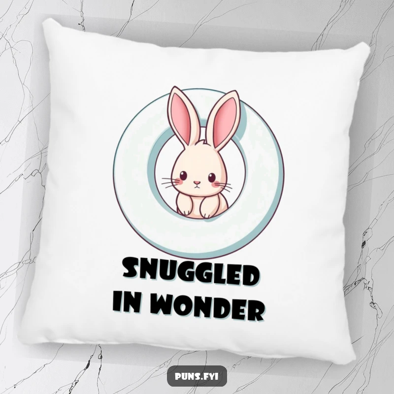 Funny rabbit pillow with a curious rabbit peeking from a giant spinning letter, adding a touch of whimsical humor.