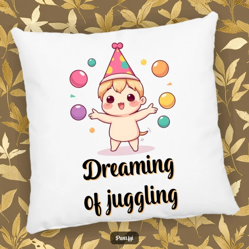 Funny Pillow with a cute character in a party hat, enthusiastically juggling colorful balls, offering soft, festive comfort.