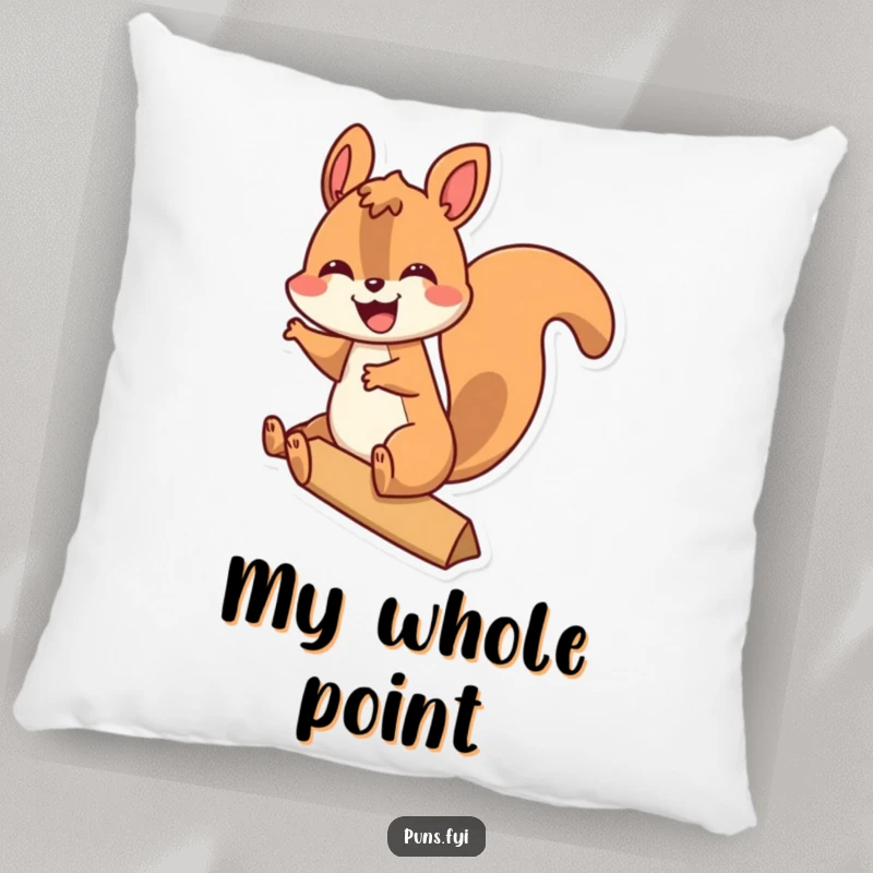 Funny pillow featuring a delighted squirrel taking a thrilling ride on a giant exclamation point, bringing cheer.
