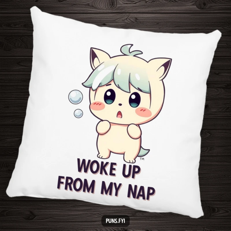 Funny Pillow: A soft cushion displaying a character's funny, wide-eyed shock when a small bubble suddenly pops near them.