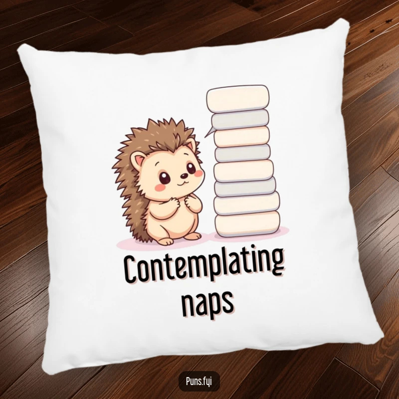 Funny pillow with a thoughtful kawaii hedgehog and word bubbles, offering comfort and intellectual decor.