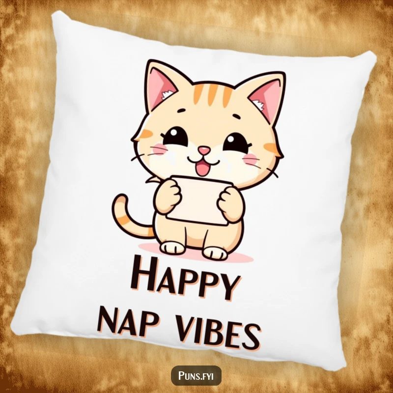 Funny cat speech bubble pillow with a happy cat holding a speech bubble and a grinning icon, offering comfort and humorous vibes.