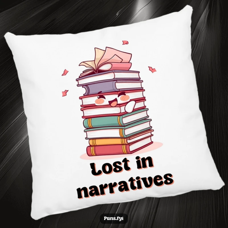 Funny pillow with a joyful stack of books character, pages fluttering playfully, offering a snuggly companion for bookworms.