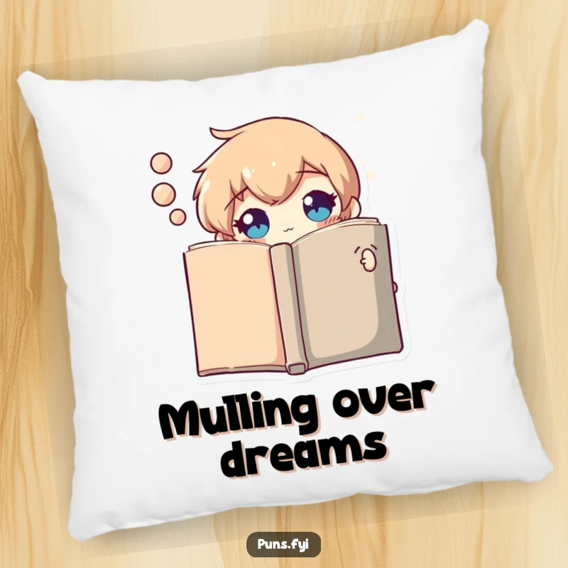 Funny pillow with a curious thought bubble character peeking from behind a book, offering a snuggly companion for readers.