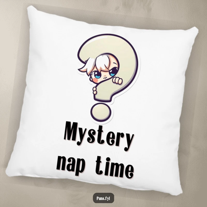 Funny Pillow: A soft pillow showing a mischievous character peeking with a playful gaze from behind a large, colorful question mark, adding mystery.