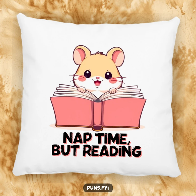 Funny pillow featuring a happy hamster peeking from behind a large open book, bringing literary charm to any room.